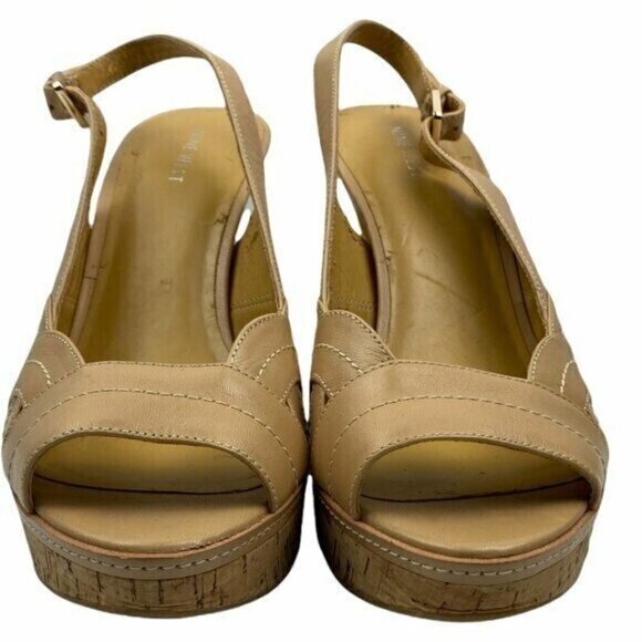 Nine West Women's Presidayo Beige Slingback Leather Cork Platform Heels US 10.5M - Picture 2 of 12